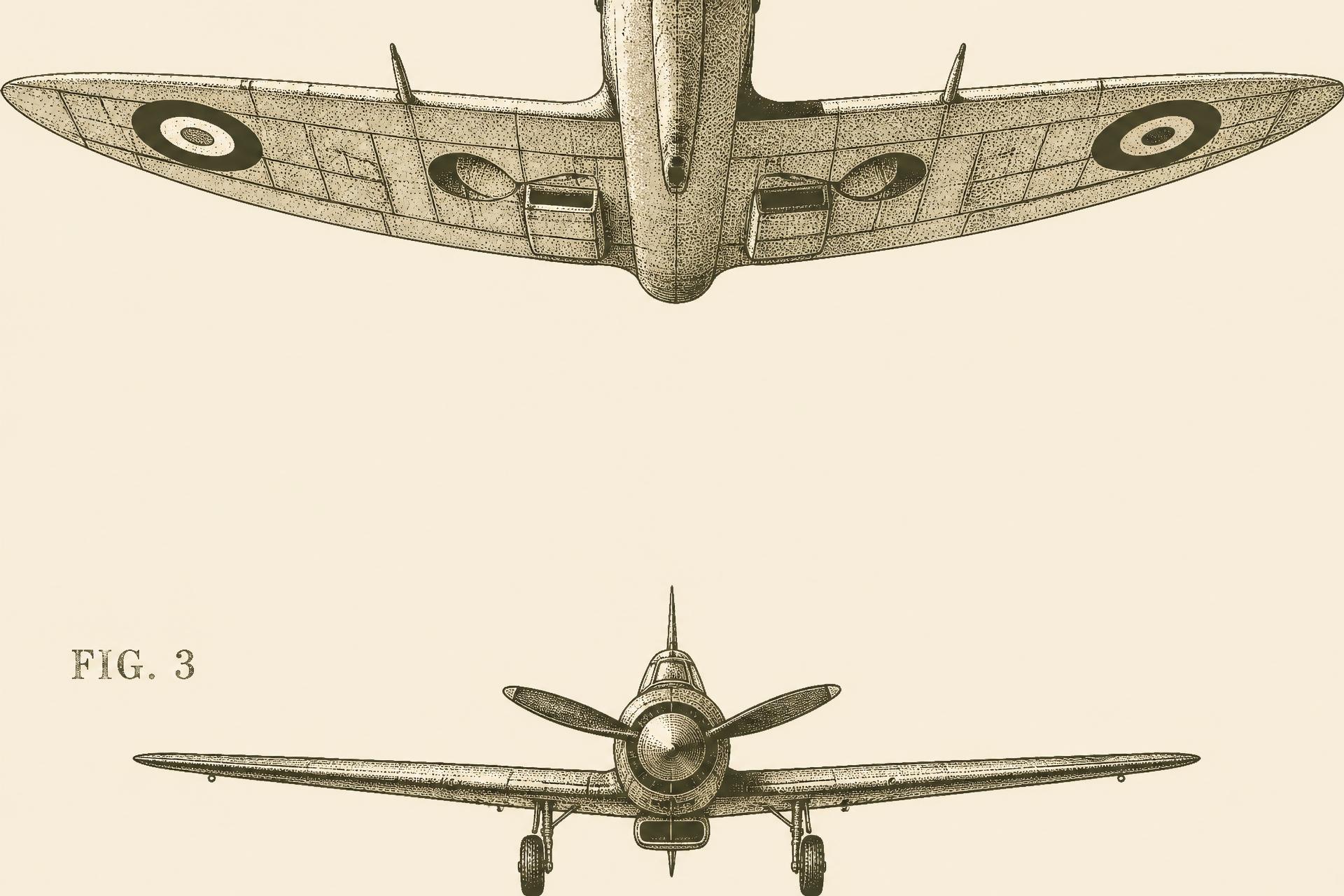 Vintage etched illustration of two aircraft on cream background